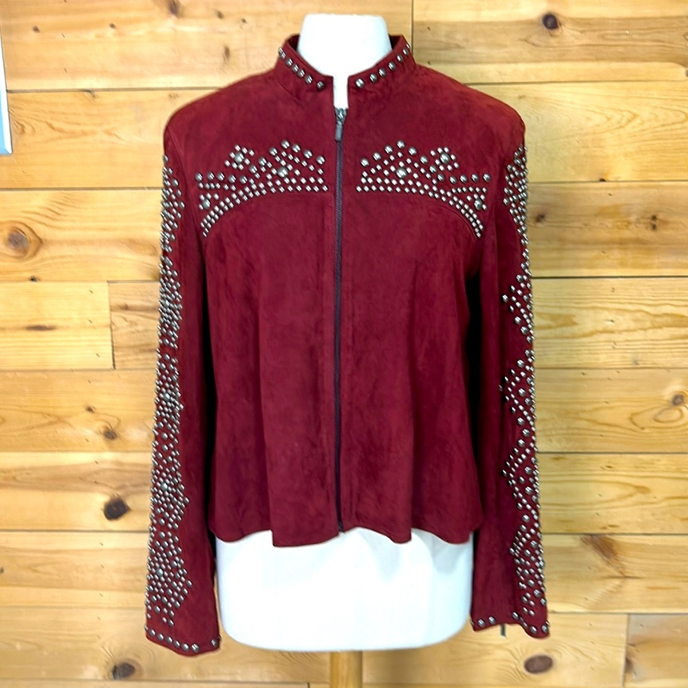NWT Double D Ranchwear red suede fringe stud zip western nfr rodeo jacket Large